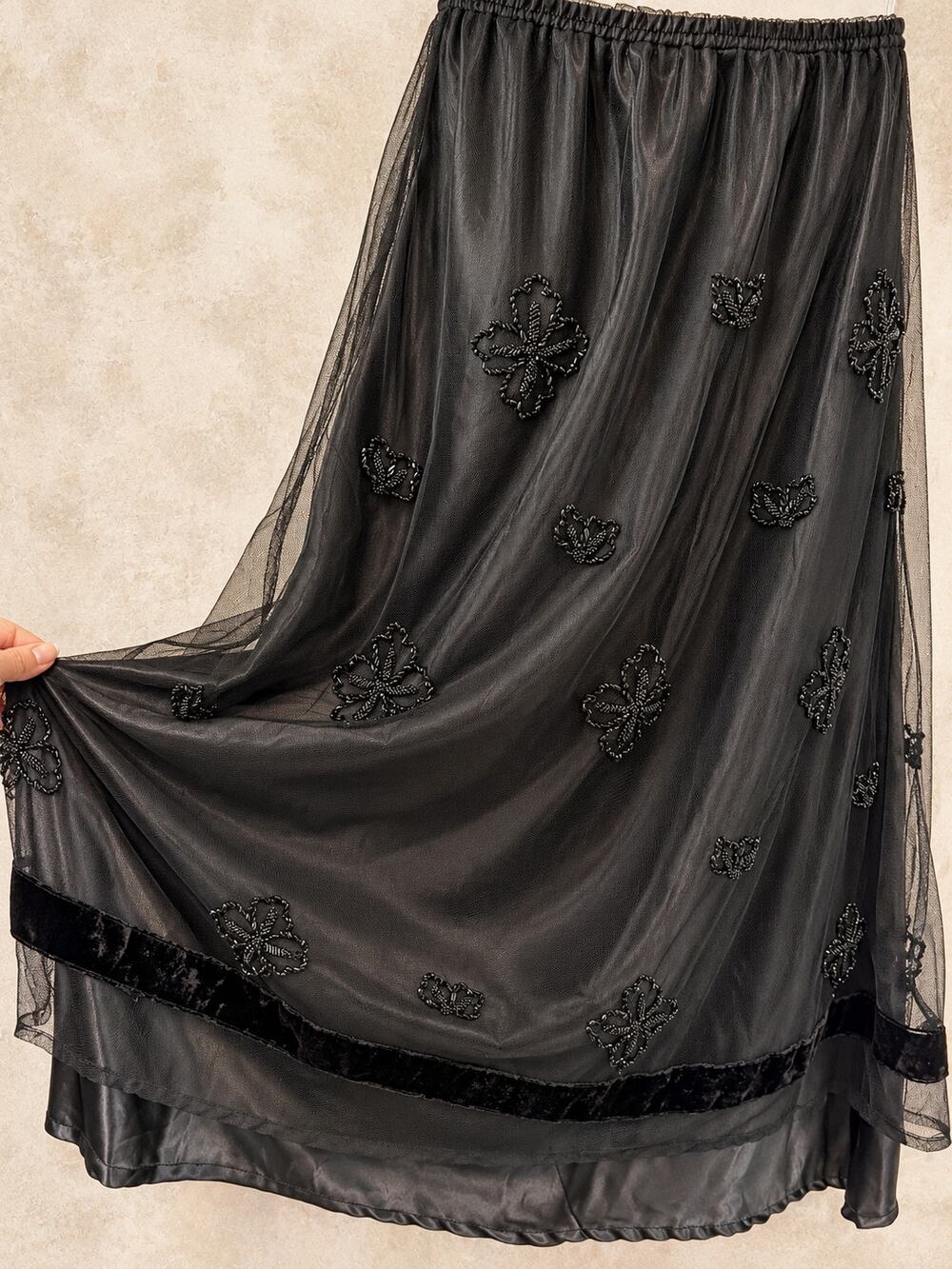 Y2K 90s Sterling Styles black mesh beaded floral maxi skirt romantic goth witchy